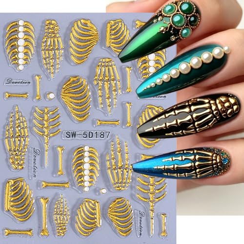 Halloween Skull Nail Stickers Set - Style02 Embossed Skeleton & Rose Design, 4 Sheets for Gothic Nail Art
