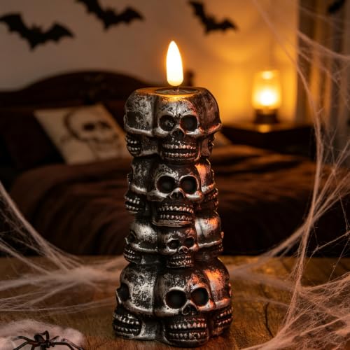 Gothic Skull Halloween Decor with Flickering Flame Effect - Indoor Tabletop Ornament