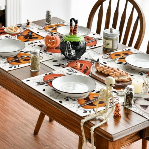 Halloween Pumpkin & Spider Web Placemats Set of 4 - 12x18 Inch Fall Table Decor - Beige