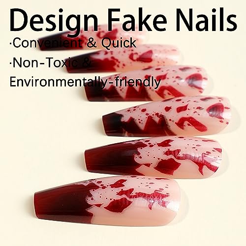 Red Halloween Fake Nails Long Acrylic Coffin Tips with Blood Drip Design - 24Pcs