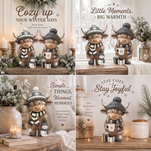 Winter Highland Cow Figurine Set - Resin Farmhouse Decor with Scarf & Hat