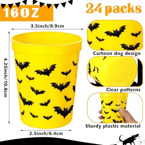 16 oz Bat Party Cups Set - Black and Yellow Plastic Drinking Cups for Birthday & Themed Parties
