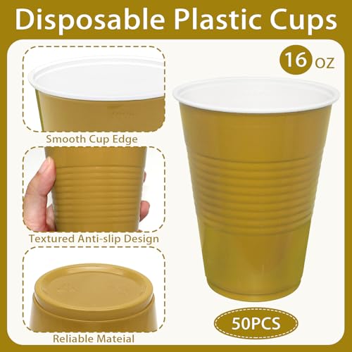 Black and Gold Plastic Cups 16 oz Pack of 100 - Party Disposable Drinkware with Textured Grip