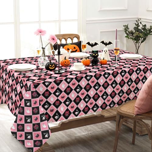 Cute Checkered Halloween Tablecloth 60x84 Inch Rectangular Pink & Black Pumpkin Ghost Web Decor