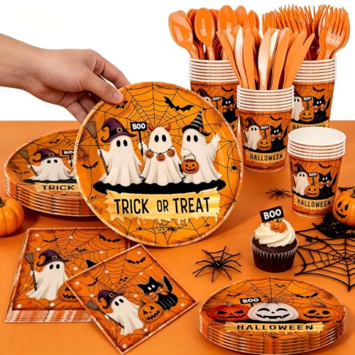 Halloween Party Supplies Set with Plates Cups Napkins & Utensils - Orange Pumpkin Ghost Design, Serves 20