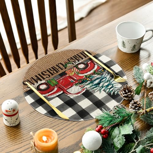 14-Inch Round Placemat Set of 4 - Black Buffalo Plaid Xmas Trees Holiday Table Decor