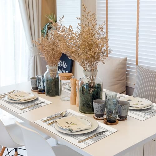 Grey & White Boho Placemats Set of 8 - Cotton Blend Rustic Table Mats 14x18 Inches