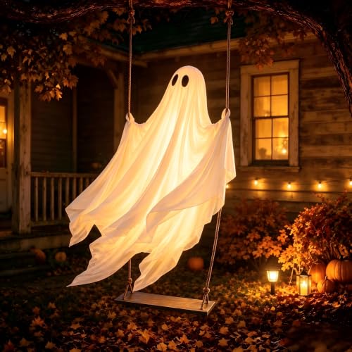 5FT Outdoor Hanging Ghost Swing with LED Lights, Adjustable & Timer