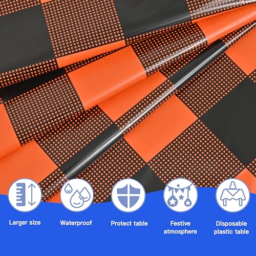 Halloween Plastic Tablecloth 54x108 Inch Rectangular Disposable Checkered Orange Black - Vedran 3 Pack