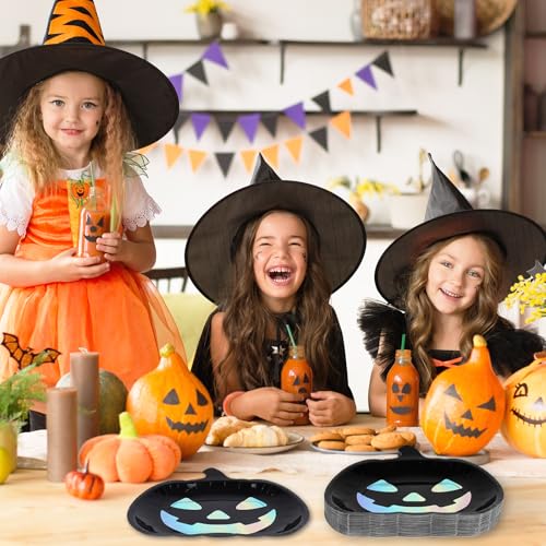 Halloween Iridescent Black Pumpkin Paper Plates 40-Pack - Spooky Party Tableware