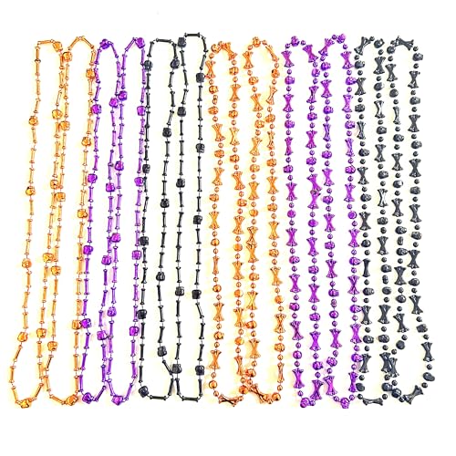 36PCS Halloween Skull Bead Necklaces - Black, Orange & Purple Party Decor