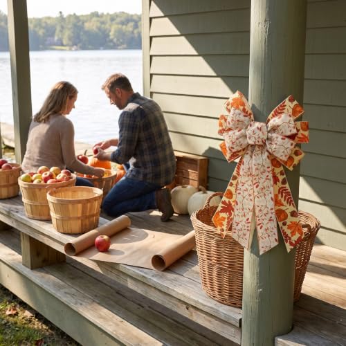Large Fall Thanksgiving Wreath Bow with Pinecones & Maple Leaves - Brown
