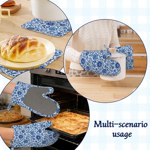 Blue White Floral Oven Mitts & Pot Holders Set - Heat-Resistant Silicone Kitchen Gloves - 4 Pack