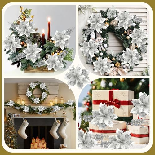 Christmas Glitter Poinsettia Ornaments Set - Silver, 50pcs with Clips & Stems