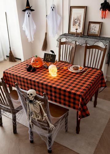 Waterproof Gingham Tablecloth - Pumpkin Orange Black 70x52 Inch Fall Festive Cover