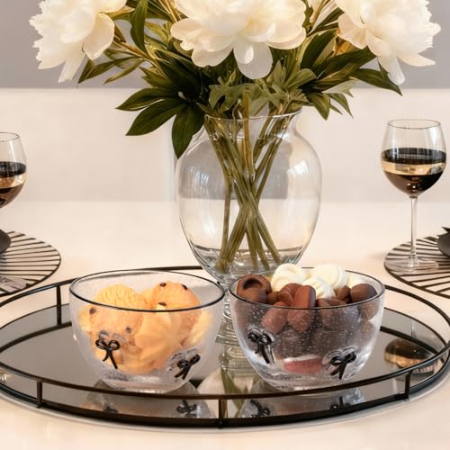Decorative Glass Bowls with Black Bow Design - Set of 2, 14 Oz Home Decor