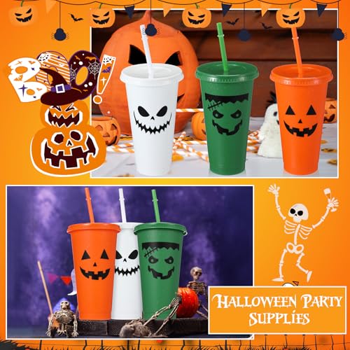 Halloween Plastic Tumblers Set with Lids and Straws - 12 Pack, 24oz, Spooky Pumpkin Design