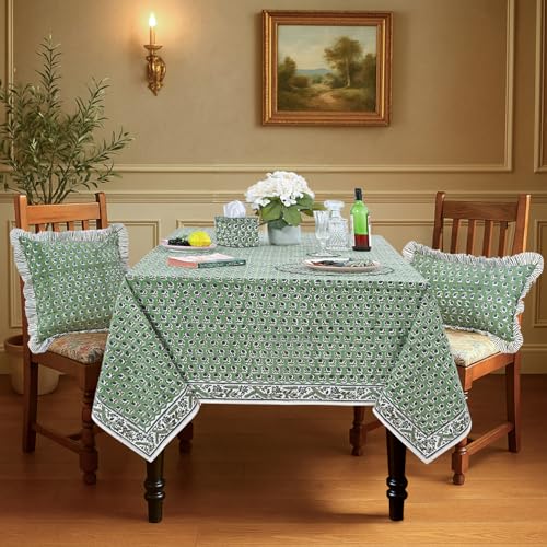 Ridhi Green 60x60 Inch Cotton Square Tablecloth - Hand Block Print, Fall & Holiday Decor