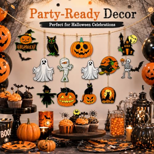 Wooden Halloween Hanging Decorations Set - Rustic Wreath Ornaments for Front Door, Window & Wall