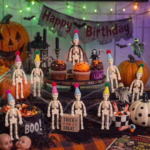 Mini Skeleton Figurines with Felt Hats - Halloween Decorations, 24 Pack