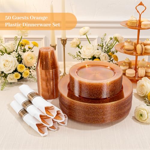 Orange Glitter Plastic Dinnerware Set for 50 Guests - 350 Pieces - Disposable Party Plates, Cups, Silverware & Napkins
