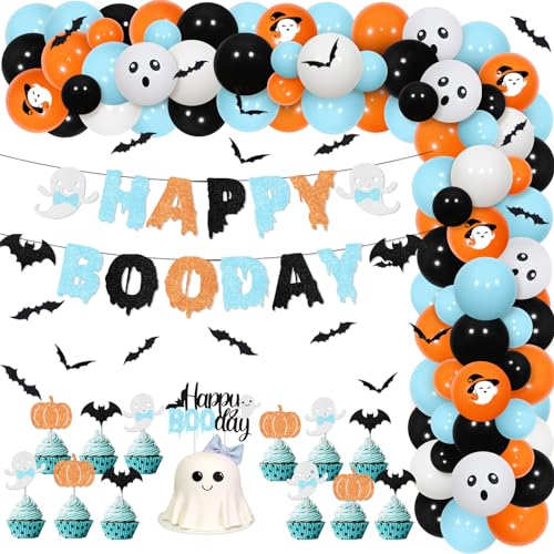 Halloween Birthday Balloon Garland Kit with Cake Toppers & Stickers for Kids Party