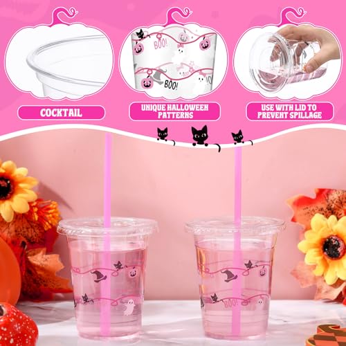 Halloween Plastic Cups with Straws and Lids - Pink Novel Style - 50 Pack 12oz