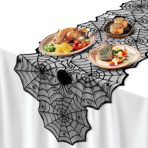 2 PCS Halloween Table Runner with Black Lace Spider Web - 72 Inch, Spooky Holiday Decor