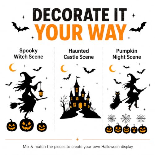 Halloween Window Clings - Extra Large Witch Castle Bat Decorations - Variation of Witch Castle Bat