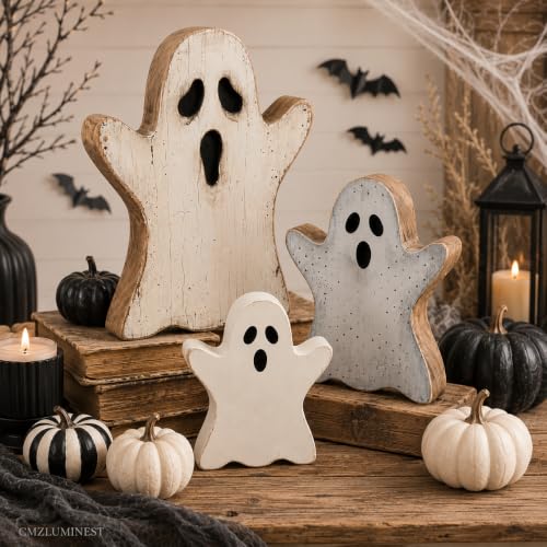 Halloween Ghost Decor Set - Crackle Distressed Wooden Ghosts for Indoor Home Halloween Decorations