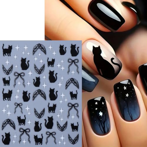 Halloween Bat & Cat Nail Art Stickers Set - Self-Adhesive 3D Horror Goth Decals for Nails - Dark Black & Red Glitter - Variation: Halloween Bat Cat