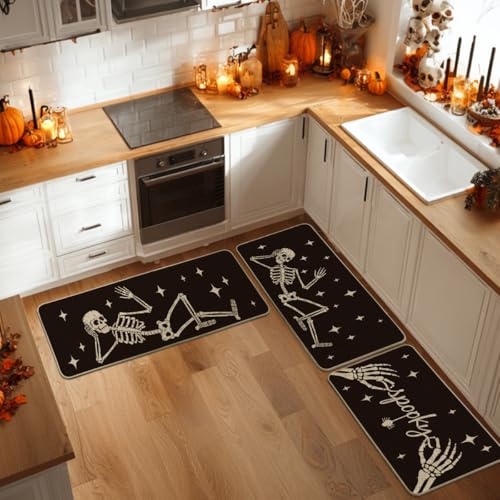 Halloween Kitchen Mats Set of 3 - Non-Slip Small, Medium, Large Rugs - Black
