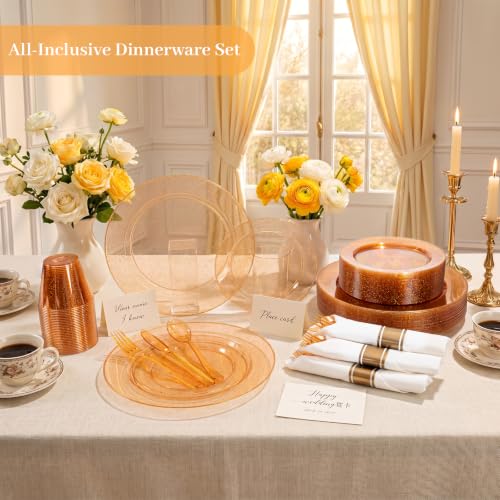 Orange Glitter Plastic Dinnerware Set for 50 Guests - 350 Pieces - Disposable Party Plates, Cups, Silverware & Napkins