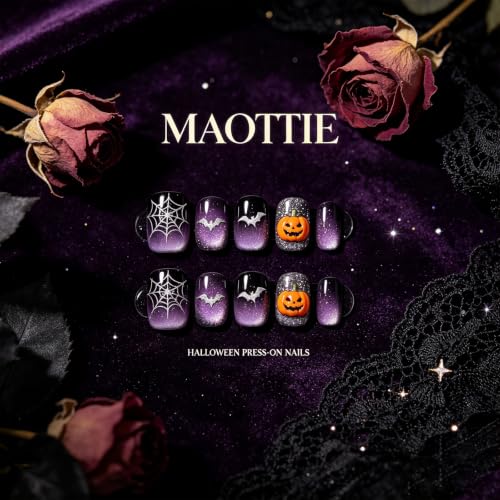 Halloween Press On Nails Short Almond White Ghost Spider Web Stars Bat Dot Lines Design 30Pcs