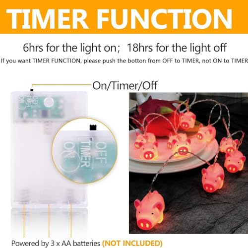 Pink Pig String Lights 3m/20 LEDs Battery Powered Night Mood Light with Timer - Cute Animal Decor