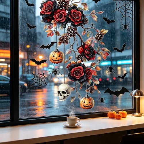 Halloween Red Rose Window Clings - Pumpkin Skull Stickers for Windows - Variation: Halloween Flower5