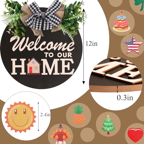 Interchangeable Seasonal Welcome Sign with 4 Wreaths & 14 Holiday Icons - Rustic Wooden Front Door Decor