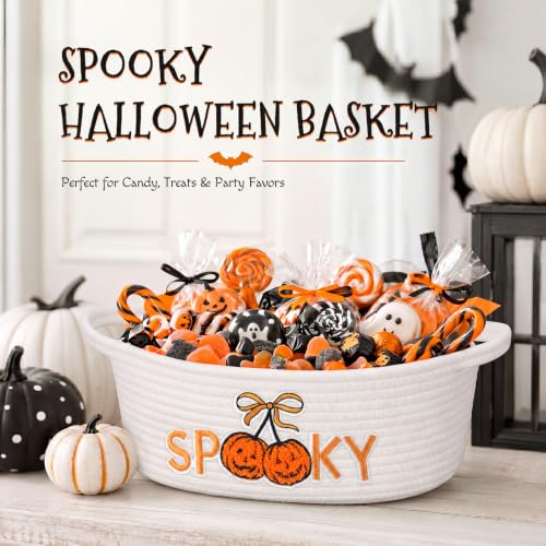 Halloween Spooky Cotton Rope Basket Set with Handles - Pumpkin Patch Design - 4 Pack, Kids Trick-or-Treat Storage