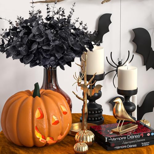 Black Eucalyptus Stems with Glass Vase - Halloween Table Decor, Variation: Black With Vase