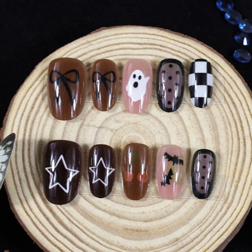 Halloween Press On Nails Short Almond Fake Nails with Ghost Bat Design - Brown Checkered Polka Dot - Variation 1
