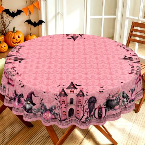 Elegant Pink Halloween Round Tablecloth 60 Inch Waterproof Spooky Decorations