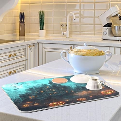 Halloween Castle Dish Drying Mat for Kitchen Countertop 16x18 - Witch Castle Variation