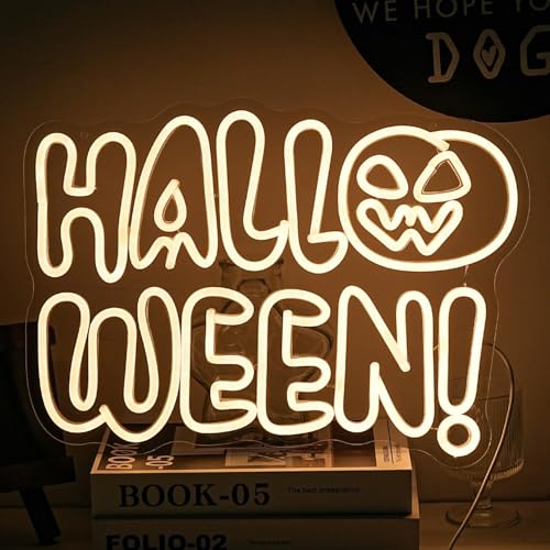 White Halloween Neon Sign for Wall Decor - Pumpkin Letter LED Light for Shop & Bedroom - 16.9x12.3 Inches - Safe & Energy Efficient