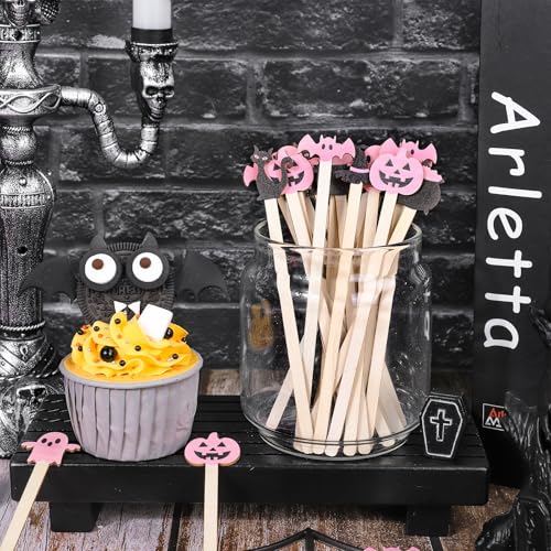 Halloween Pink Black Coffee Stirrer Set - Ghost Bat Pumpkin Cat Design, 120 Pcs