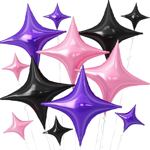 Black Purple Pink Star Balloons Set - 12 Pcs Foil Party Decorations with Variations