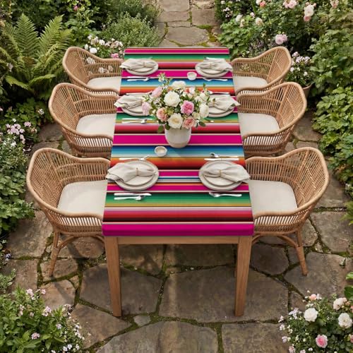 Pink Fitted Tablecloth for 5ft Rectangle Tables - Mexico Fiesta Stripe Vintage - 68x28 Inches