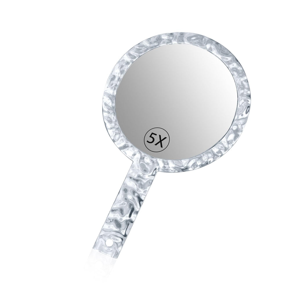 YEAKE Hand Mirror,Double-Sided Handheld 1X/5X Magnifying Mirror with Handle, Handle Makeup Mirror,Acrylic, 6.1" W x 10" L, Rounded Shape, Clear 1 PC