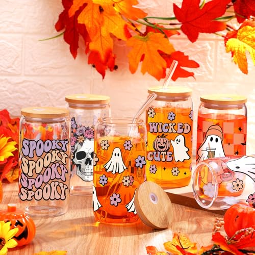 Halloween Ghost Glass Cup 16 oz with Lid & Straw - Ghost Flower Variation
