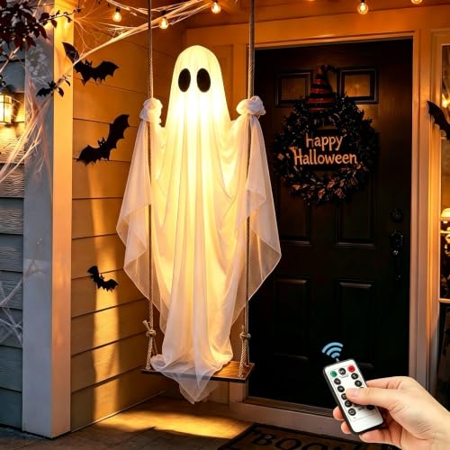 Outdoor Hanging Ghost Swing Decoration 4-8FT with Remote Light - White, Cool White Variation