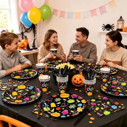 Halloween Party Supplies Set - Ghost & Pumpkin Paper Plates Napkins Cups Forks